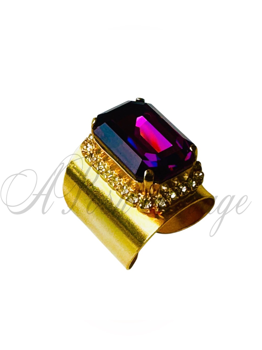 Wide Gold Swavorski Amethyst Octagon Ring paved Clear Crystal Rhinestones Halo